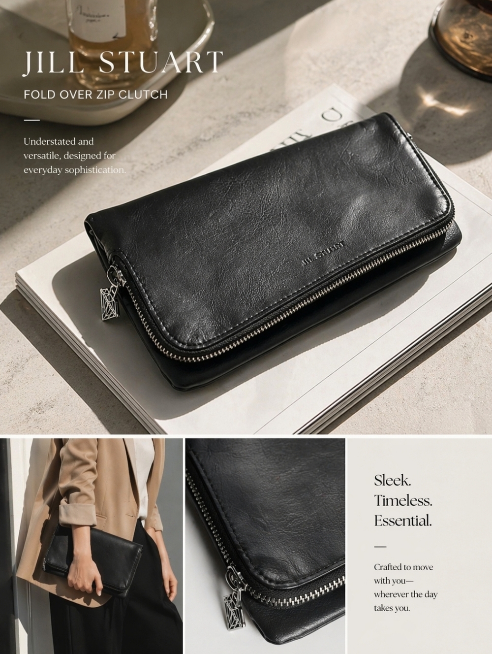Jill Stuart Fold Over Zip Clutch Black